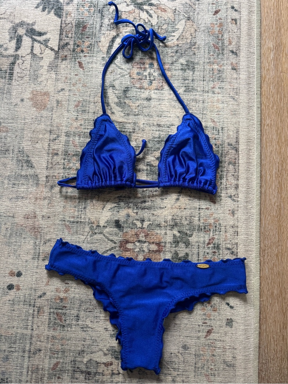 Luli Fama Buena Wavey Royal Blue Ruffle Triangle Bikini Small